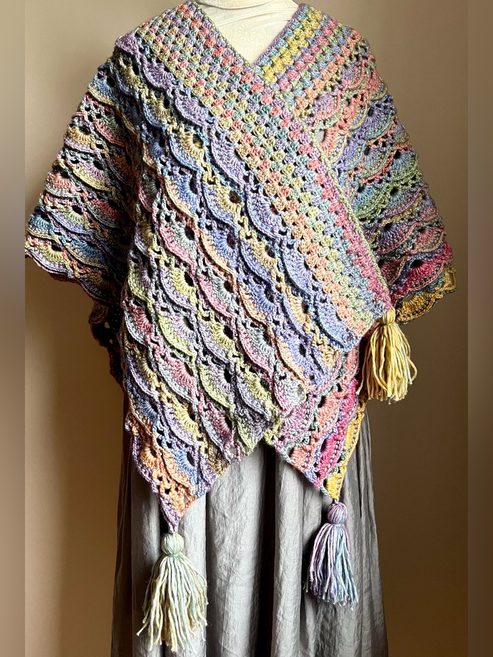 Multicolor Crochet Open-Front Women’s Sweater with Tassels, Handmade Shawl